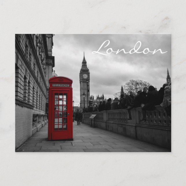 Red telephone box in London text postcard (Front)