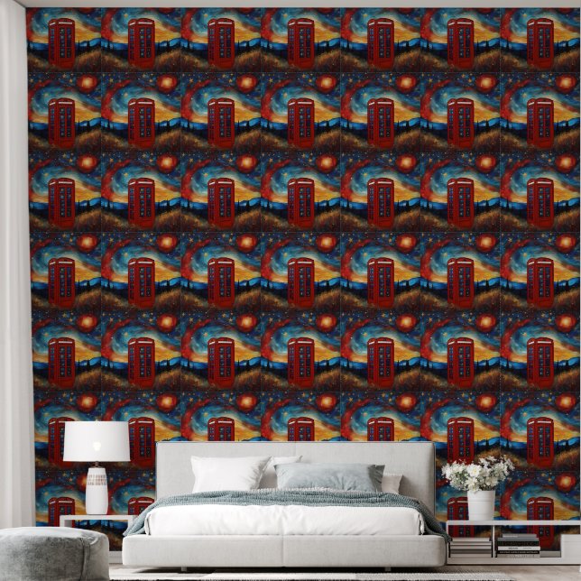 Red Telephone Box Starry Night Acrylic Paint, Wallpaper (Bedroom)