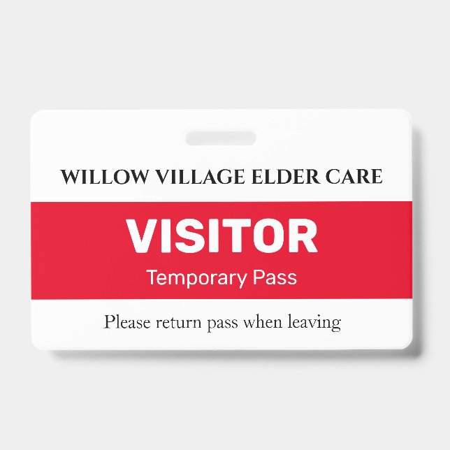 Red Temporary Visitor Pass For Hospital Care Home Badge (Front)