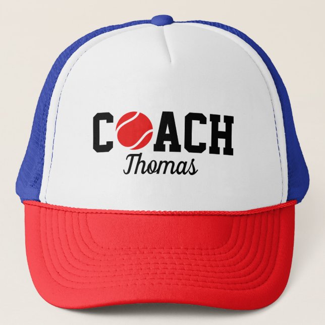 Red Tennis Ball Coach Player Name Typography Sport Trucker Hat (Front)