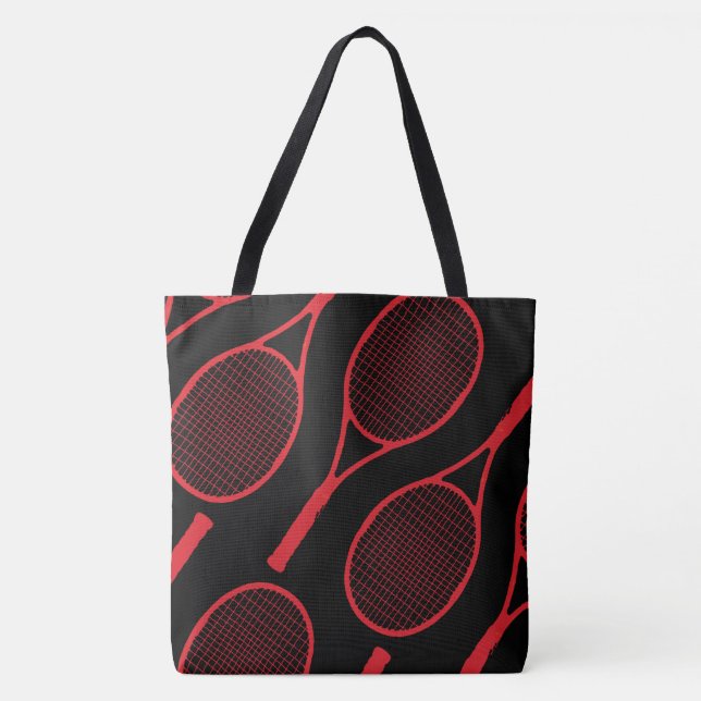 Red Tennis Racquets on black Tote Bag (Front)