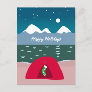 Red Tent Camper at Christmas Holiday Postcard