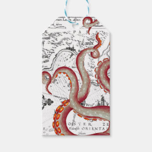Red Tentacles octopus Vintage Map Nautical Chic Gift Tags