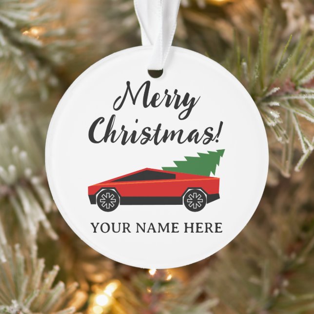Red Tesla pickup truck with Christmas tree (Arbre)