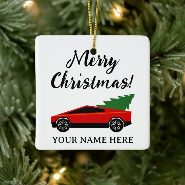 Red Tesla pickup truck with Christmas tree retro Ceramic Ornament (Tree)