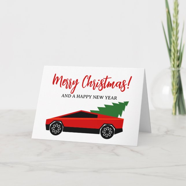 Red Tesla truck with Christmas tree in the back Holiday Card (Front)