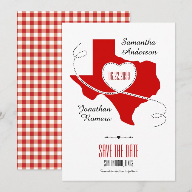 Red Texas Curling Ribbon Save the Date Invitation (Front/Back)