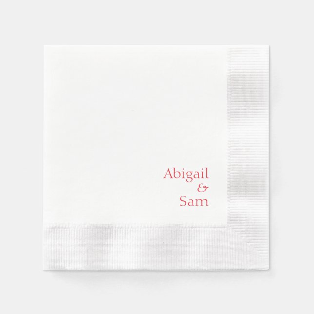Red Text Personalized White Coined Wedding  Napkin (Front)