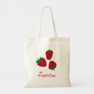 Red Text Set of Strawberries and Name Girly Tote Bag