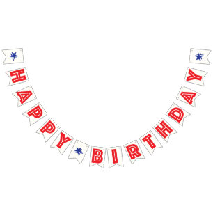 RED TEXT, WHITE BKGD, BLUE STARS ☆HAPPY BIRTHDAY☆ BUNTING FLAGS