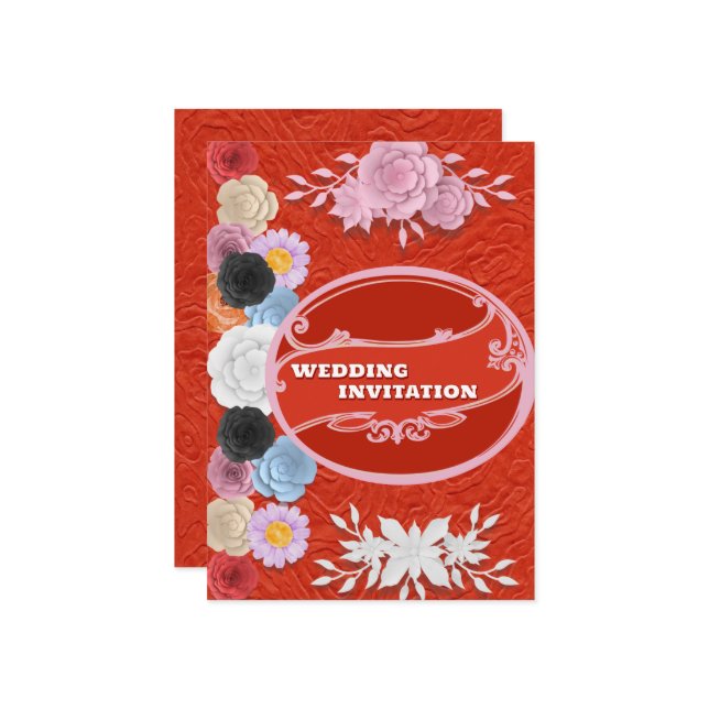 Red Texture Floral Islamic Wedding Invitation (Front/Back In Situ)