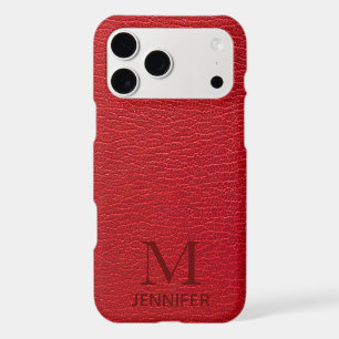 Red Textured Leather Monogram Personalized Name