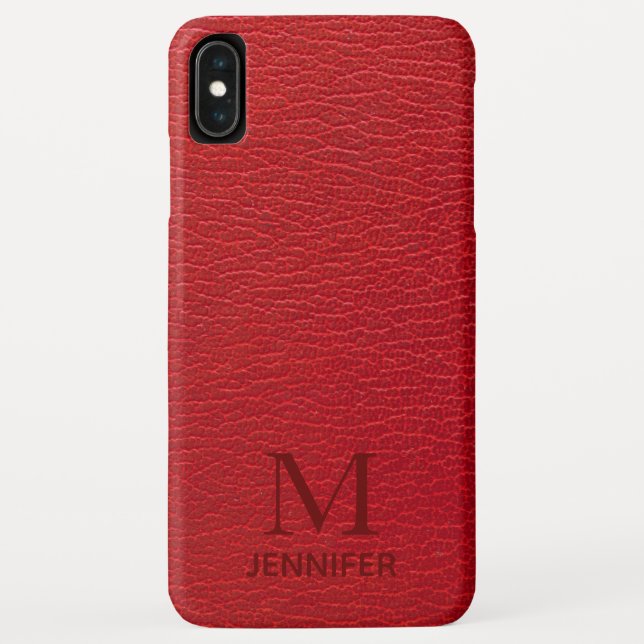 Red Textured Leather Monogram Personalized Name Case-Mate iPhone Case (Back)