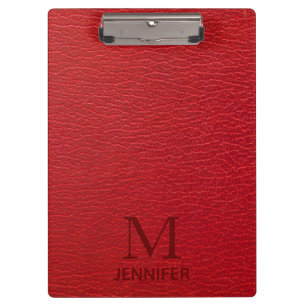 Red Textured Leather Monogram Personalized Name Clipboard