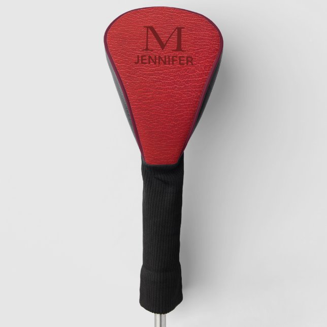 Red Textured Leather Monogram Personalized Name Golf Head Cover (Front)