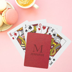 Red Textured Leather Monogram Personalized Name Playing Cards