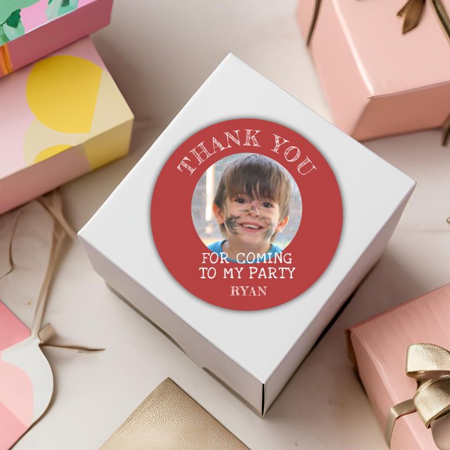 Red Thank you Birthday Boy Photo Classic Round Sticker (Creator Uploaded)