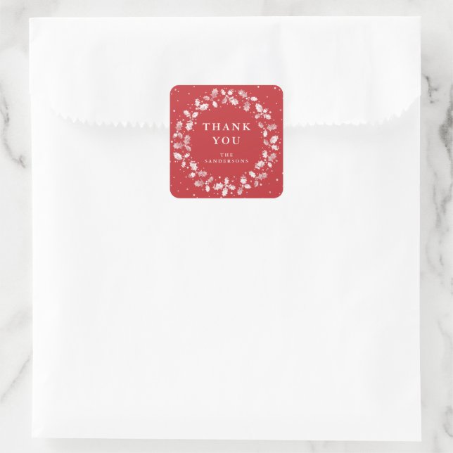 Red Thank You Christmas Holly Wreath Square Sticker (Bag)