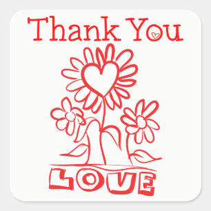 Red Thank You Flowers & Hearts Love Wedding Square Sticker