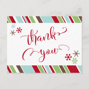 Red Thank You, Snowflakes & Diagonal Stripes Postcard
