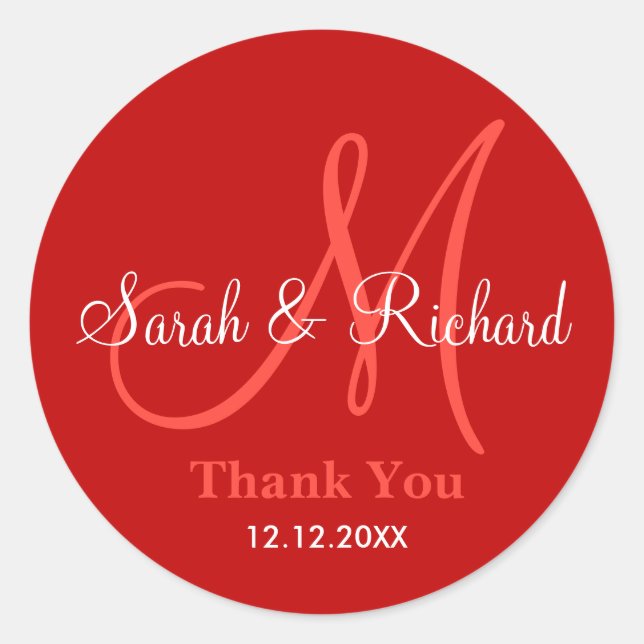 Red Thank You Wedding Monogram Sticker (Front)