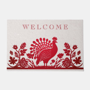 Red Thanksgiving Turkey Floral Doormat