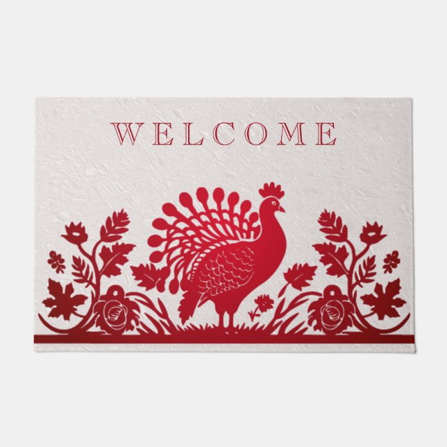 Red Thanksgiving Turkey Floral Doormat (Front)