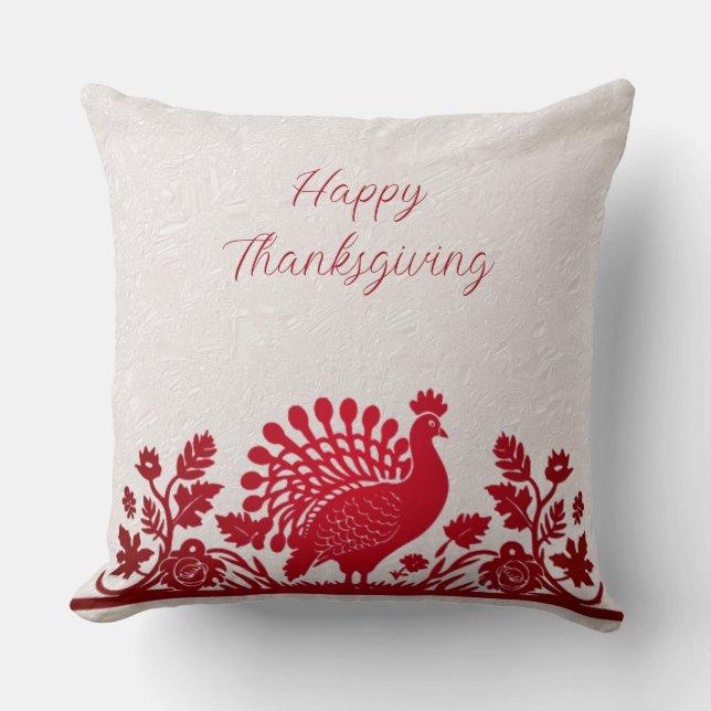 Red Thanksgiving Turkey Floral Throw Pillow (Front)