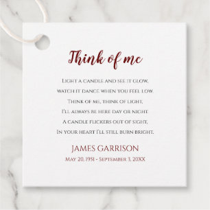 Red Think Of Me Celebration of Life Photo Candle Favour Tags