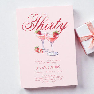 Red Thirty Strawberry Cocktail 30th Birthday Party Invitation