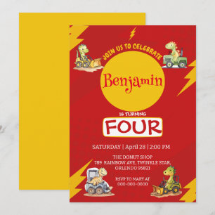 RED thunder Cute dinosaur tractor School Birthday  Invitation