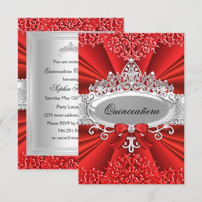 Red Tiara & Damask Quinceanera Invitation (Devant / Derrière)
