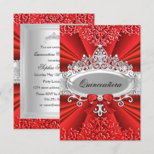 Red Tiara & Damask Quinceanera Invitation