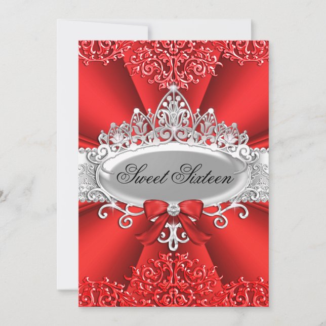 Red Tiara & Damask Sweet 16 Birthday Party Invitation (Front)