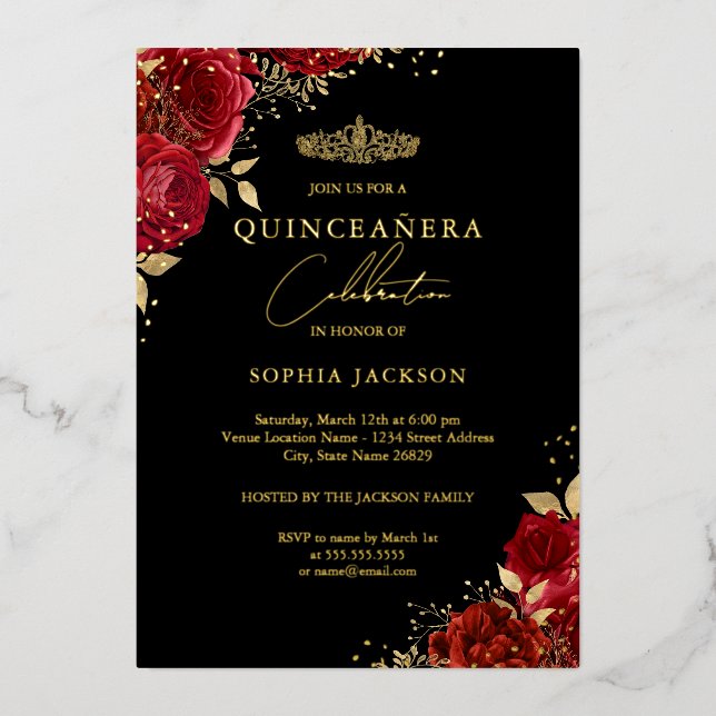Red Tiara Floral Gold Quinceanera  (Front)