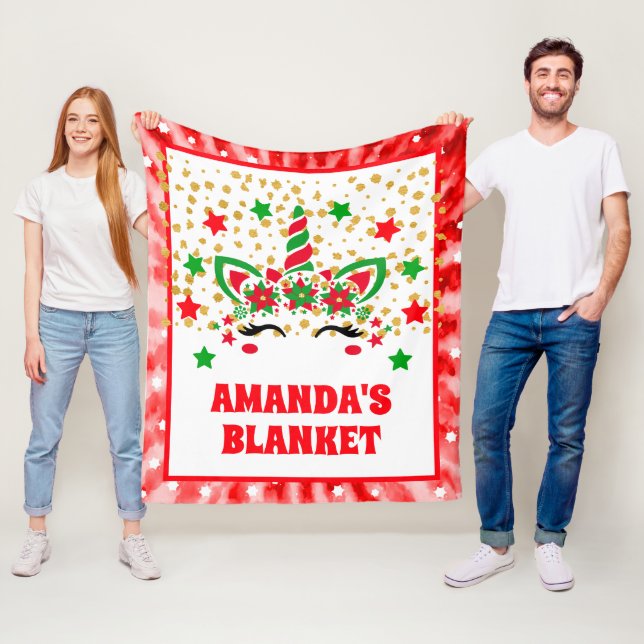 Red Tie Dye Unicorn Christmas Personalized Kids  Fleece Blanket (In Situ)