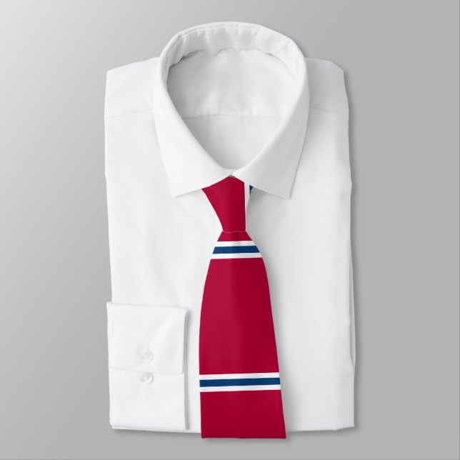 Red Tie with Blue and White Horizontal Stripes (Tied)