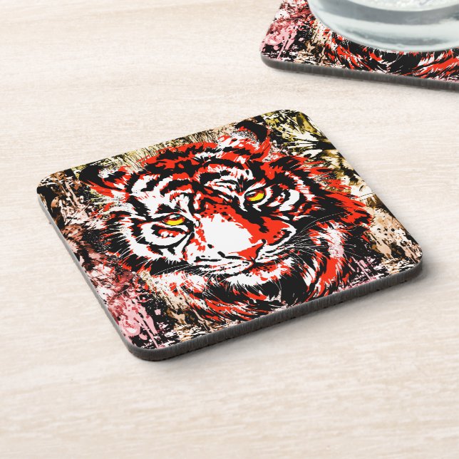 Red Tiger Beverage Coaster | Colourful Tiger Face (Left Side)