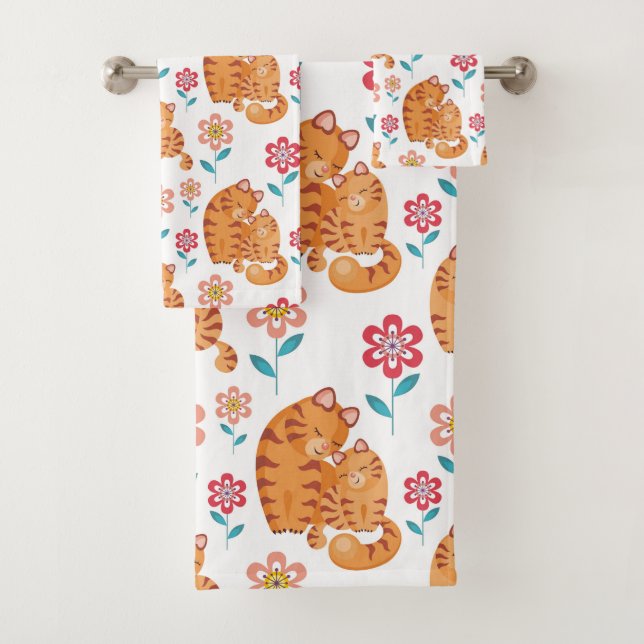 Red tiger cat mother with baby Mother's day  Bath Towel Set (Insitu)