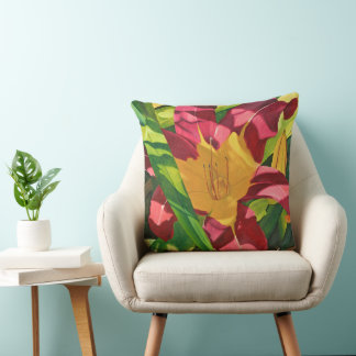 Red Tiger Lily floral painting, Large Throw Pillow