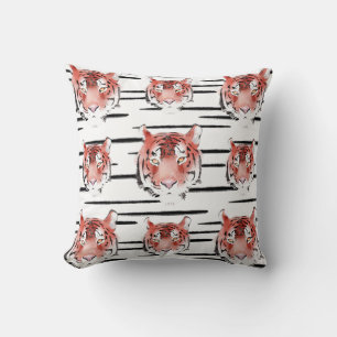 Red Tiger Watercolor Black Stripes Zodiac Animal Throw Pillow