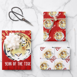 Red Tiger Watercolor Chinese New Year 2022 Zodiac Wrapping Paper Sheet