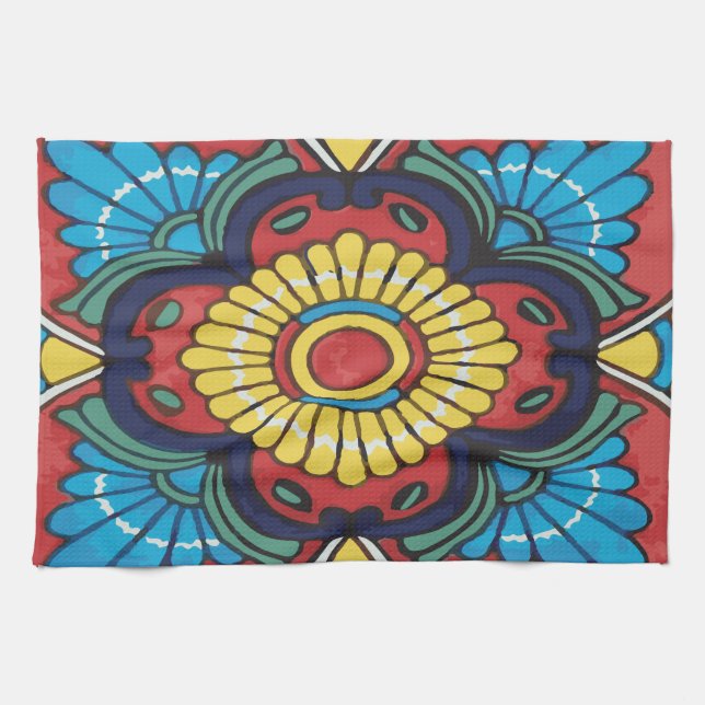 Red tile mexican talavera ceramics kitchen towel (Horizontal)