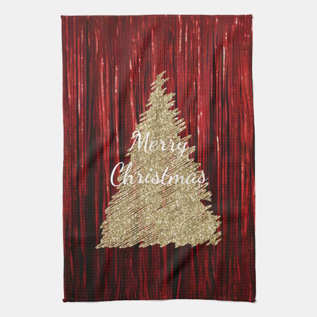 Red Tinsel Gold Christmas Tree Kitchen Towel (Vertical)