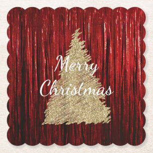 Red Tinsel Gold Christmas Tree Paper Coaster
