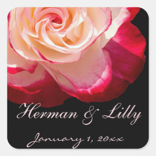 Red Tipped White Rose Personalized Wedding Square Sticker