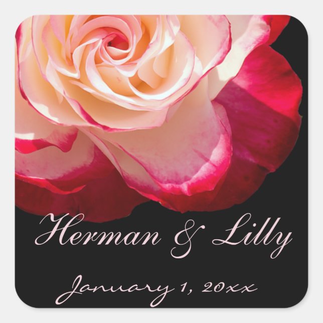 Red Tipped White Rose Personalized Wedding Square Sticker (Front)