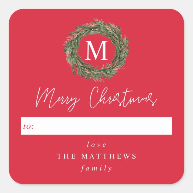 Red To Wreath Monogram Merry Christmas Square Sticker (Front)