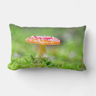 Red toadstool mushroom fall photo with green lumbar pillow
