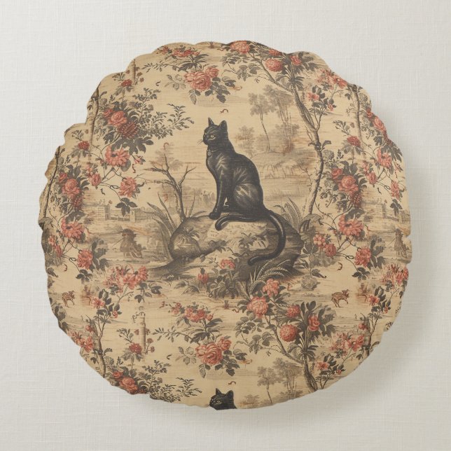 Red Toile Chinoiserie Cat Damask Round Pillow (Front)